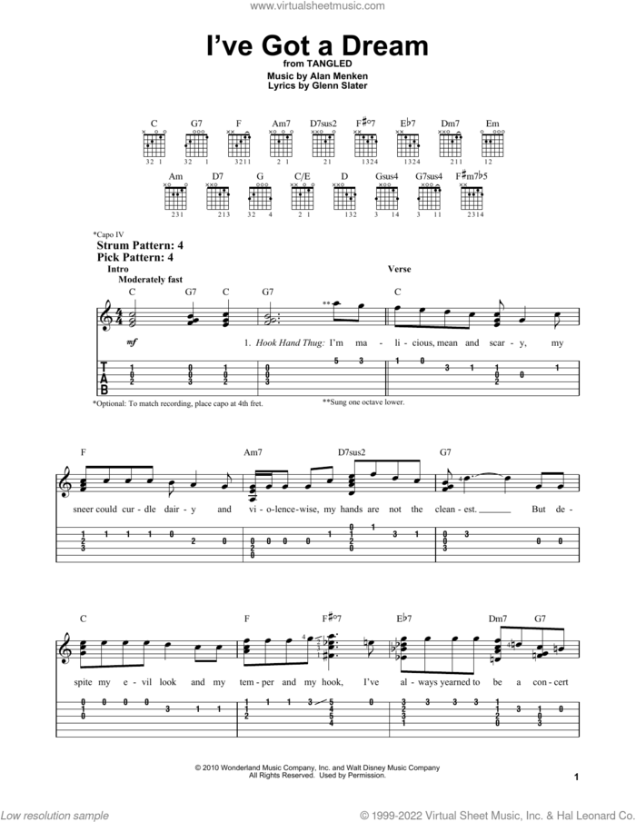 I've Got A Dream (from Tangled) sheet music for guitar solo (easy tablature) by Mandy Moore, Alan Menken and Glenn Slater, easy guitar (easy tablature)