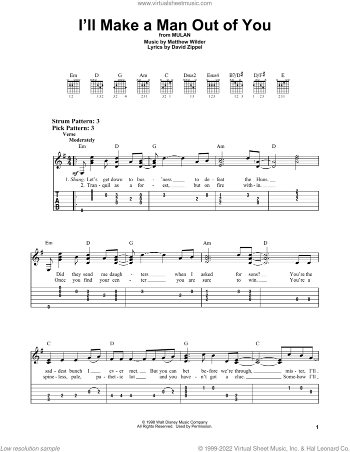 I'll Make A Man Out Of You (from Mulan) sheet music for guitar solo (easy tablature) by David Zippel, Matthew Wilder and Matthew Wilder & David Zippel, easy guitar (easy tablature)