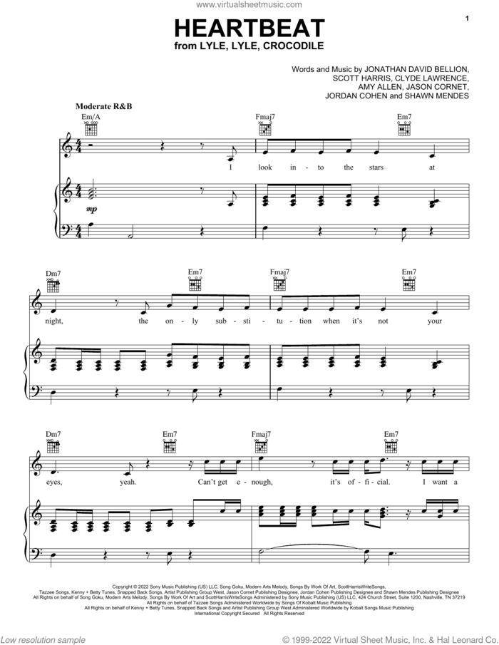 Heartbeat (from Lyle, Lyle, Crocodile) sheet music for voice, piano or guitar by Shawn Mendes, Amy Allen, Clyde Lawrence, Jason Cornet, Jonathan David Bellion, Jordan Cohen and Scott Harris, intermediate skill level