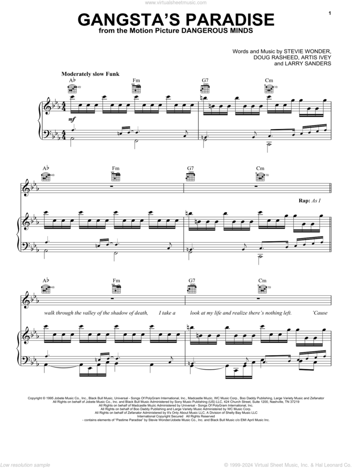 Gangsta's Paradise (feat. L.V.) sheet music for voice, piano or guitar by Coolio, Artis Ivey, Doug Rasheed, Larry Sanders and Stevie Wonder, intermediate skill level