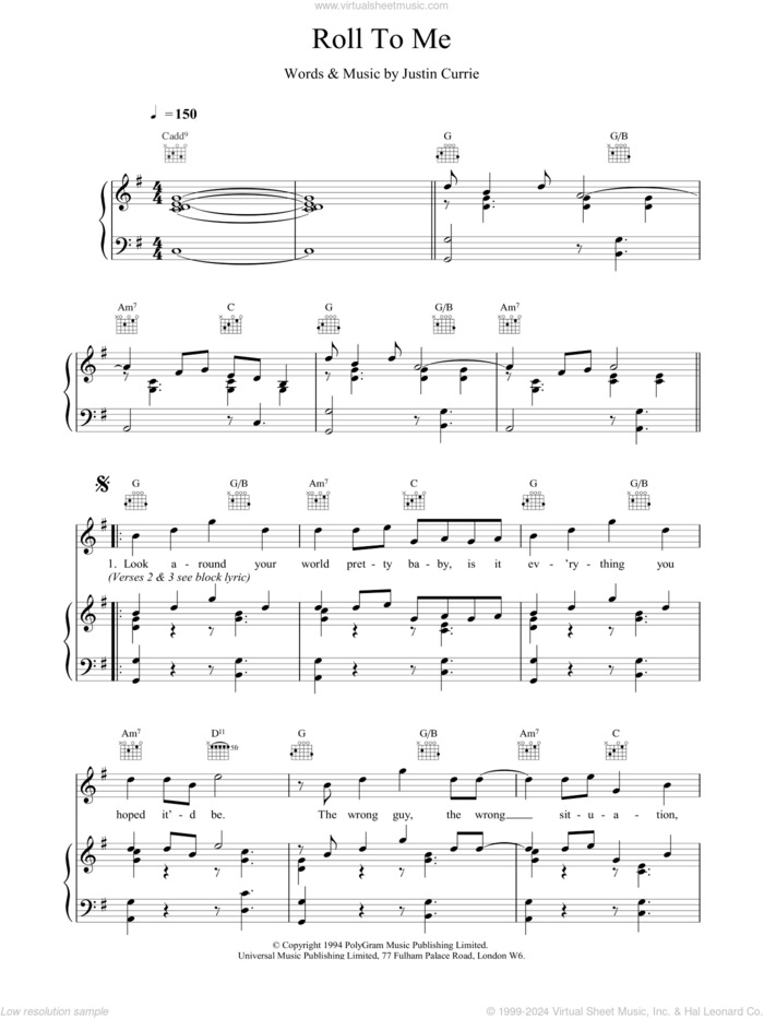 Roll To Me sheet music for voice, piano or guitar by Del Amitri, intermediate skill level
