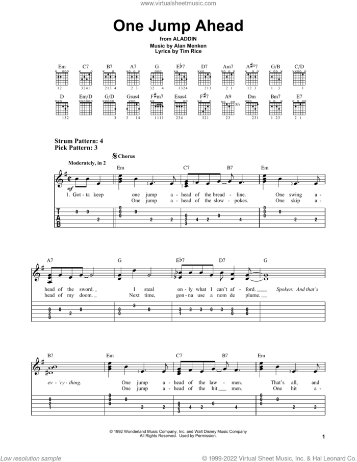 One Jump Ahead (from Aladdin) sheet music for guitar solo (easy tablature) by Alan Menken and Tim Rice, easy guitar (easy tablature)
