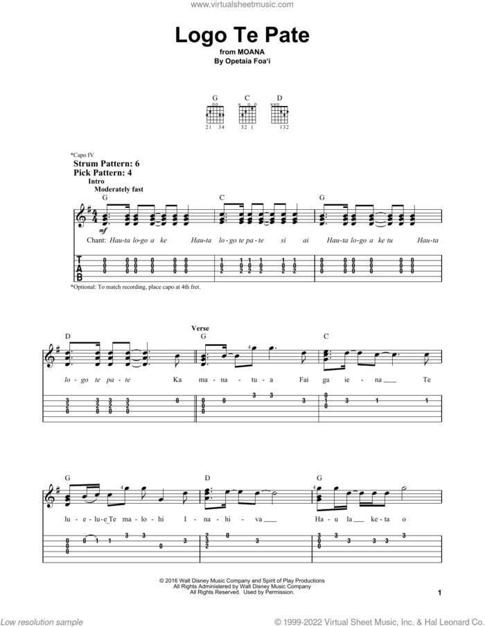 Logo Te Pate (from Moana) sheet music for guitar solo (easy tablature) by Opetaia Foa'i, easy guitar (easy tablature)