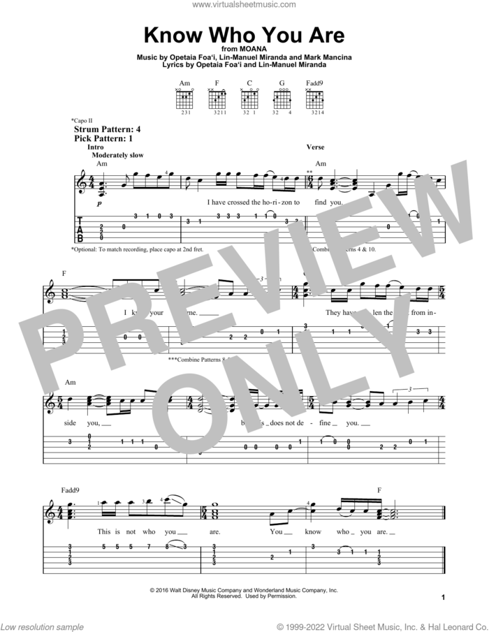 Know Who You Are (from Moana) sheet music for guitar solo (easy tablature) by Lin-Manuel Miranda and Mark Mancina, easy guitar (easy tablature)
