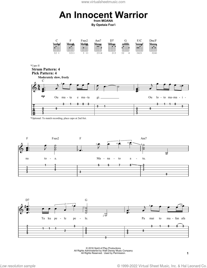 An Innocent Warrior (from Moana) sheet music for guitar solo (easy tablature) by Opetaia Foa'i, easy guitar (easy tablature)