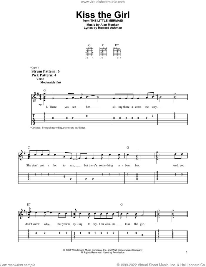 Kiss The Girl (from The Little Mermaid) sheet music for guitar solo (easy tablature) by Alan Menken & Howard Ashman, Alan Menken and Howard Ashman, easy guitar (easy tablature)