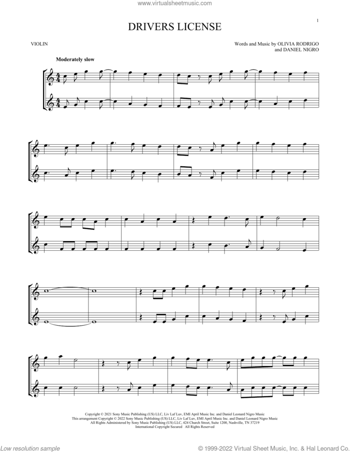 drivers license sheet music for two violins (duets, violin duets) by Olivia Rodrigo and Daniel Nigro, intermediate skill level