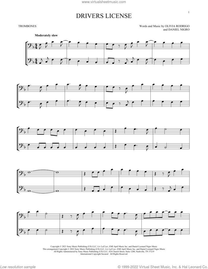 drivers license sheet music for two trombones (duet, duets) by Olivia Rodrigo and Daniel Nigro, intermediate skill level