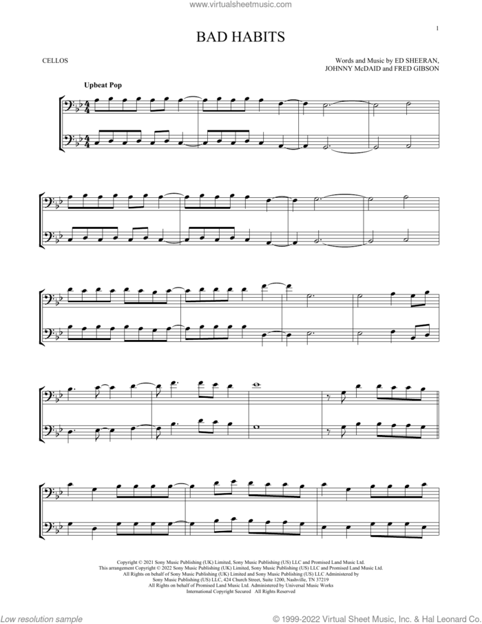 Bad Habits sheet music for two cellos (duet, duets) by Ed Sheeran, Fred Gibson and Johnny McDaid, intermediate skill level