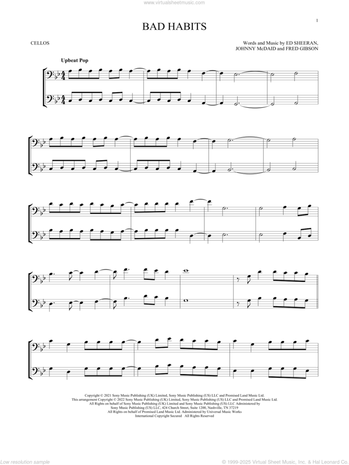 Bad Habits sheet music for two cellos (duet, duets) by Ed Sheeran, Fred Gibson and Johnny McDaid, intermediate skill level