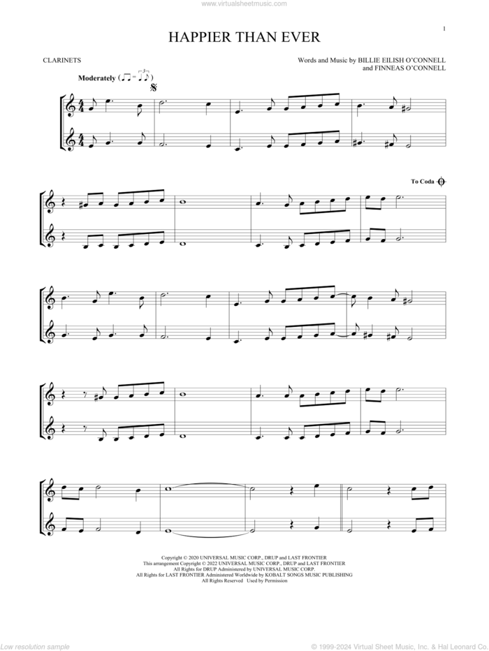 Happier Than Ever sheet music for two clarinets (duets) by Billie Eilish, intermediate skill level