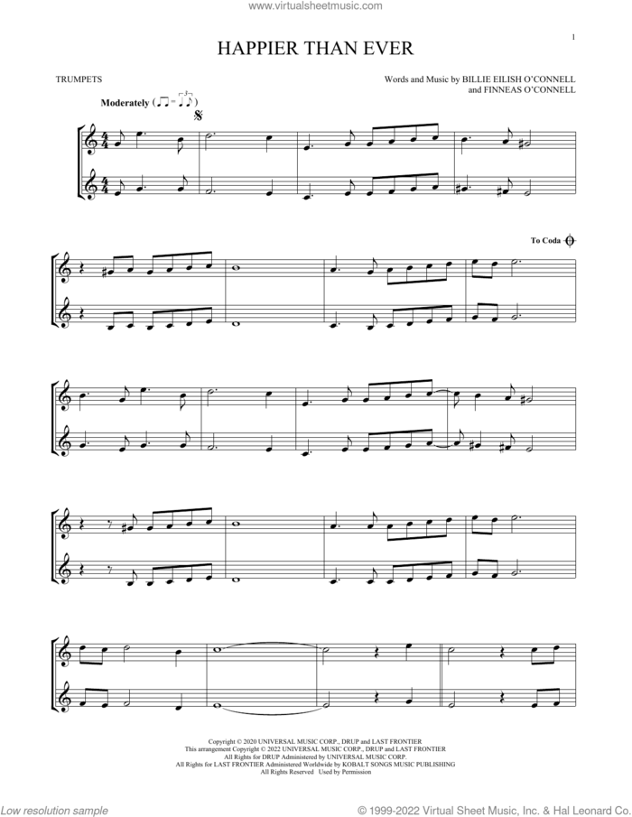 Happier Than Ever sheet music for two trumpets (duet, duets) by Billie Eilish, intermediate skill level
