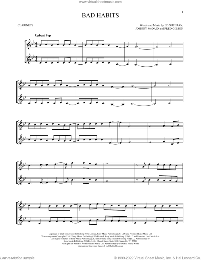 Bad Habits sheet music for two clarinets (duets) by Ed Sheeran, Fred Gibson and Johnny McDaid, intermediate skill level