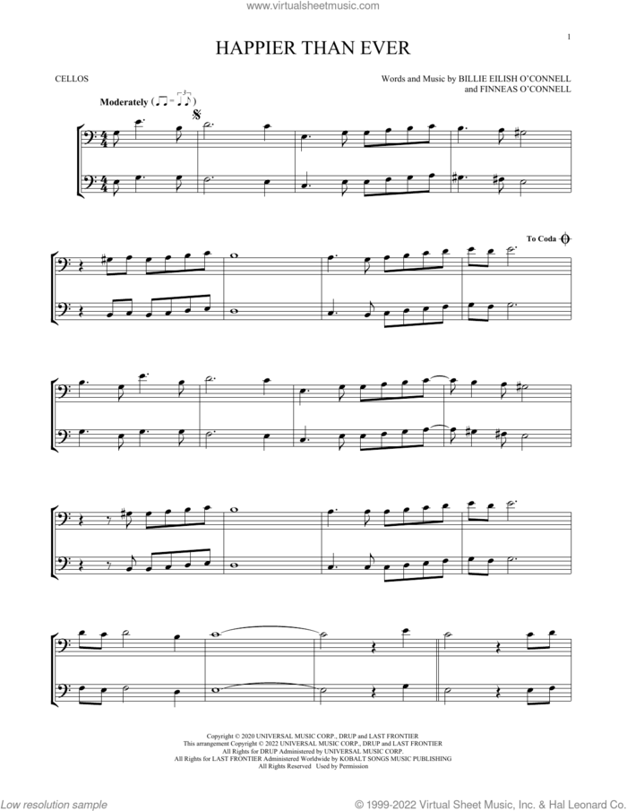 Happier Than Ever sheet music for two cellos (duet, duets) by Billie Eilish, intermediate skill level