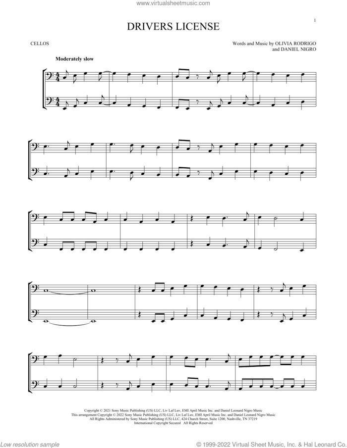 drivers license sheet music for two cellos (duet, duets) by Olivia Rodrigo and Daniel Nigro, intermediate skill level