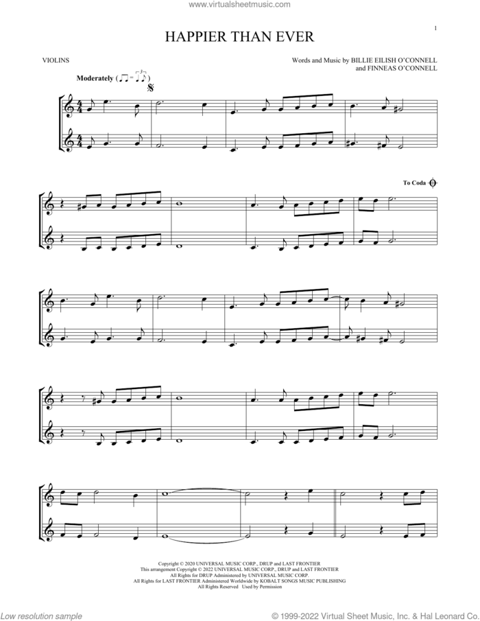Happier Than Ever sheet music for two violins (duets, violin duets) by Billie Eilish, intermediate skill level