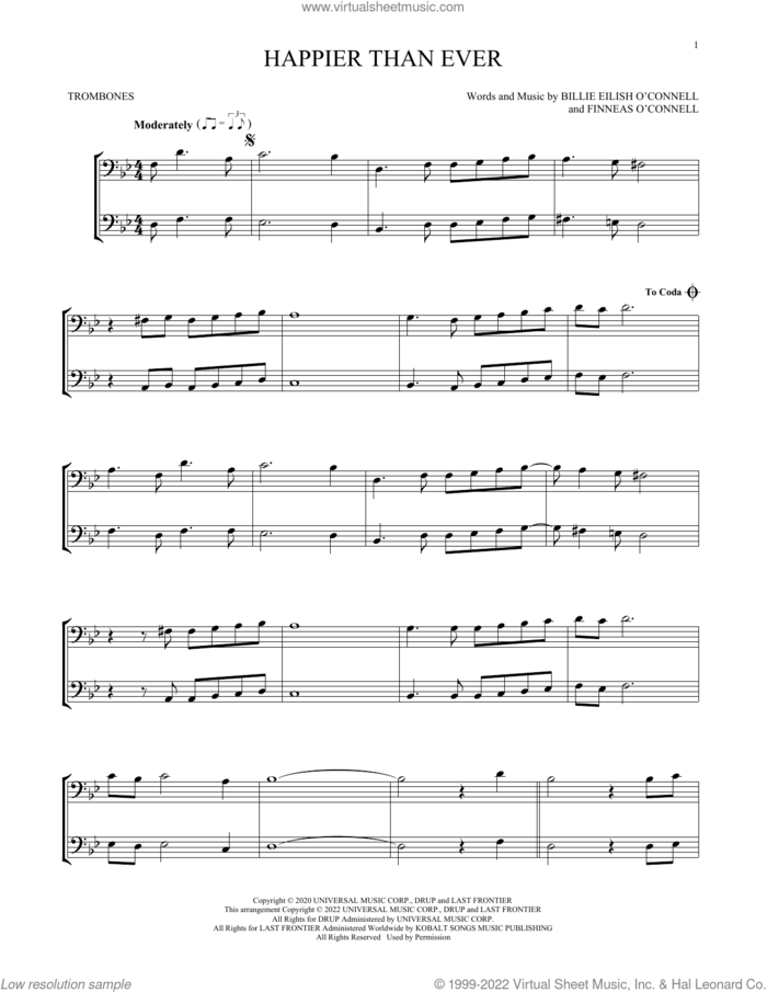 Happier Than Ever sheet music for two trombones (duet, duets) by Billie Eilish, intermediate skill level