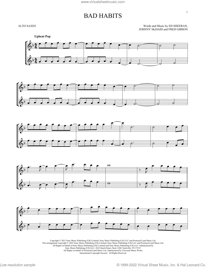 Bad Habits sheet music for two alto saxophones (duets) by Ed Sheeran, Fred Gibson and Johnny McDaid, intermediate skill level