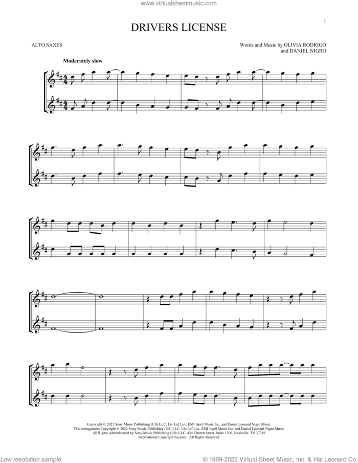 drivers license sheet music for two alto saxophones (duets) by Olivia Rodrigo and Daniel Nigro, intermediate skill level