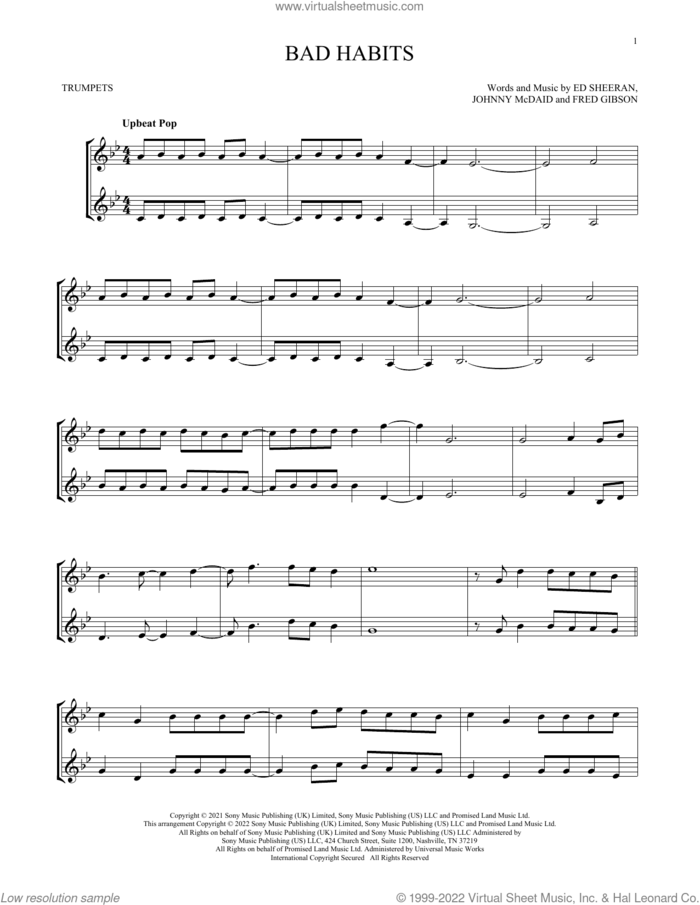 Bad Habits sheet music for two trumpets (duet, duets) by Ed Sheeran, Fred Gibson and Johnny McDaid, intermediate skill level