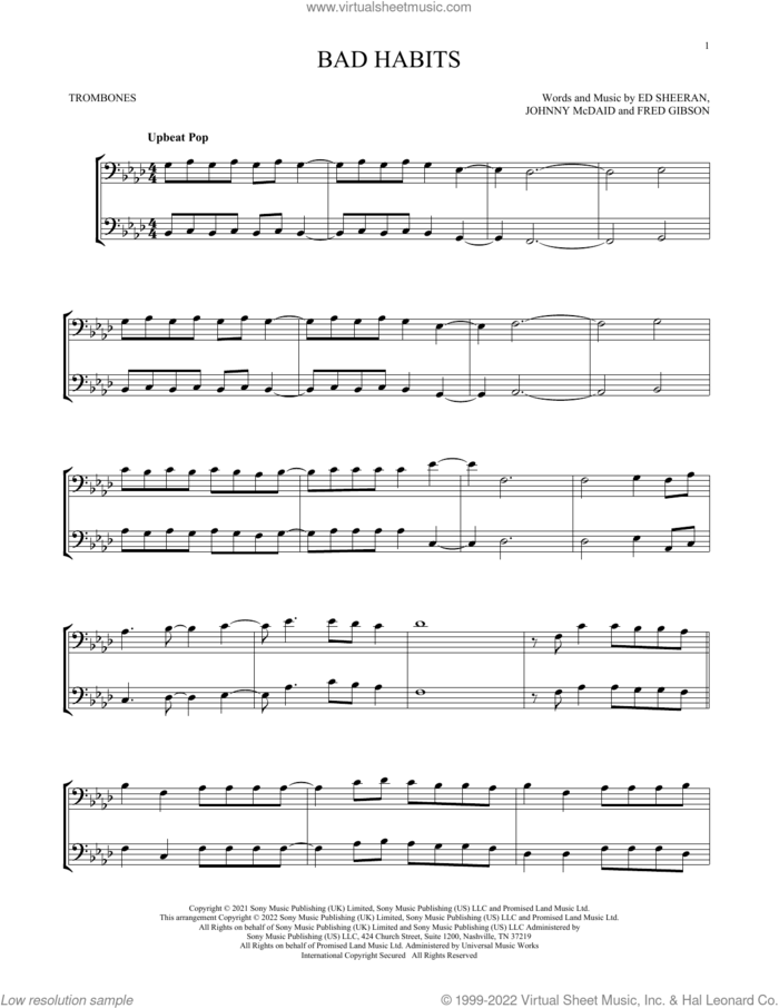 Bad Habits sheet music for two trombones (duet, duets) by Ed Sheeran, Fred Gibson and Johnny McDaid, intermediate skill level
