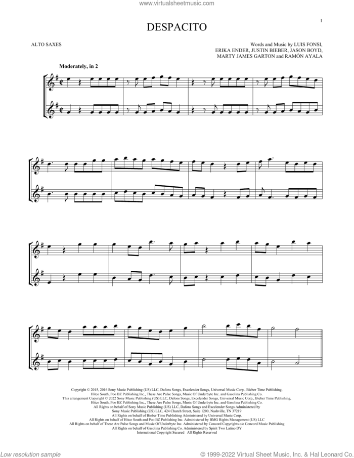 Despacito (feat. Justin Bieber) sheet music for two alto saxophones (duets) by Luis Fonsi & Daddy Yankee, Erika Ender, Luis Fonsi and Ramon Ayala, intermediate skill level