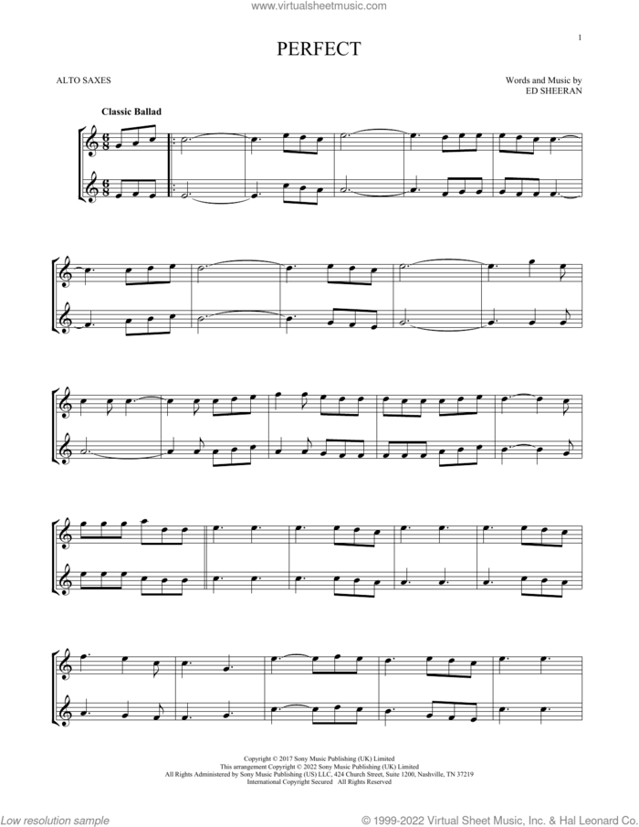Perfect sheet music for two alto saxophones (duets) by Ed Sheeran, intermediate skill level