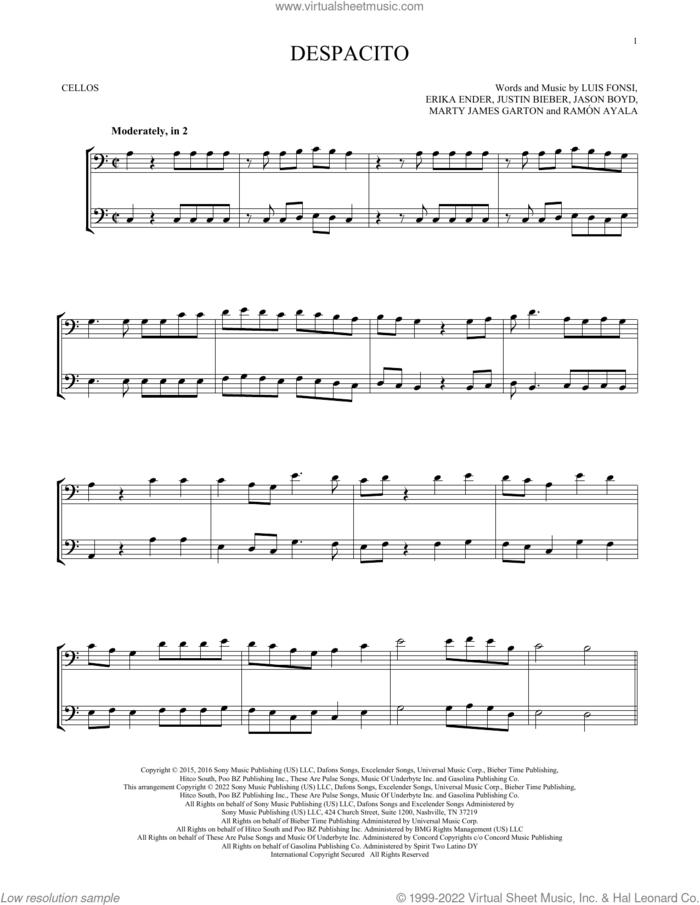 Despacito (feat. Justin Bieber) sheet music for two cellos (duet, duets) by Luis Fonsi & Daddy Yankee, Erika Ender, Luis Fonsi and Ramon Ayala, intermediate skill level