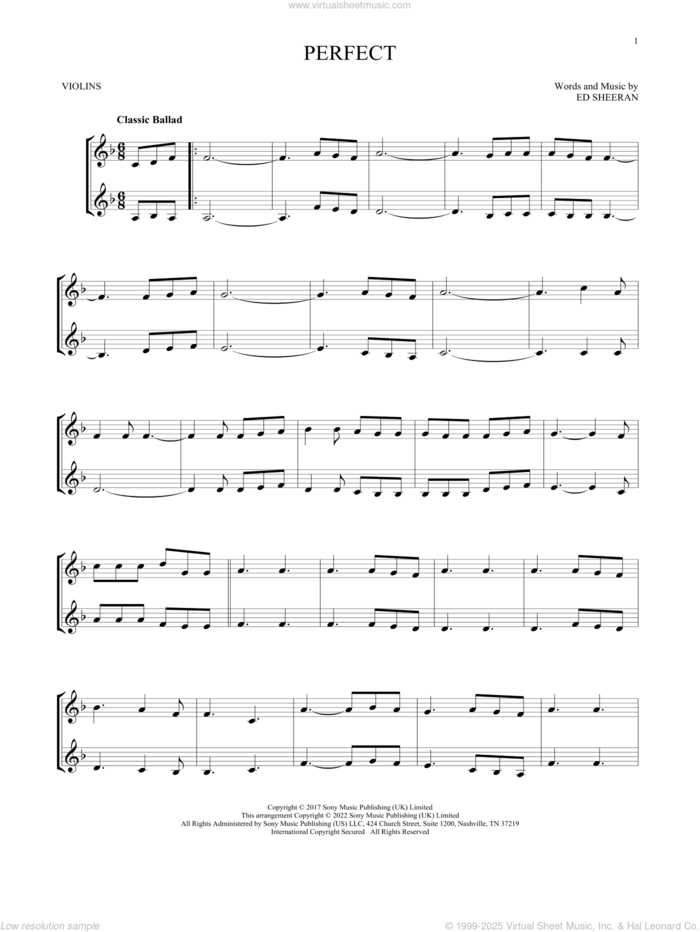 Perfect sheet music for two violins (duets, violin duets) by Ed Sheeran, intermediate skill level