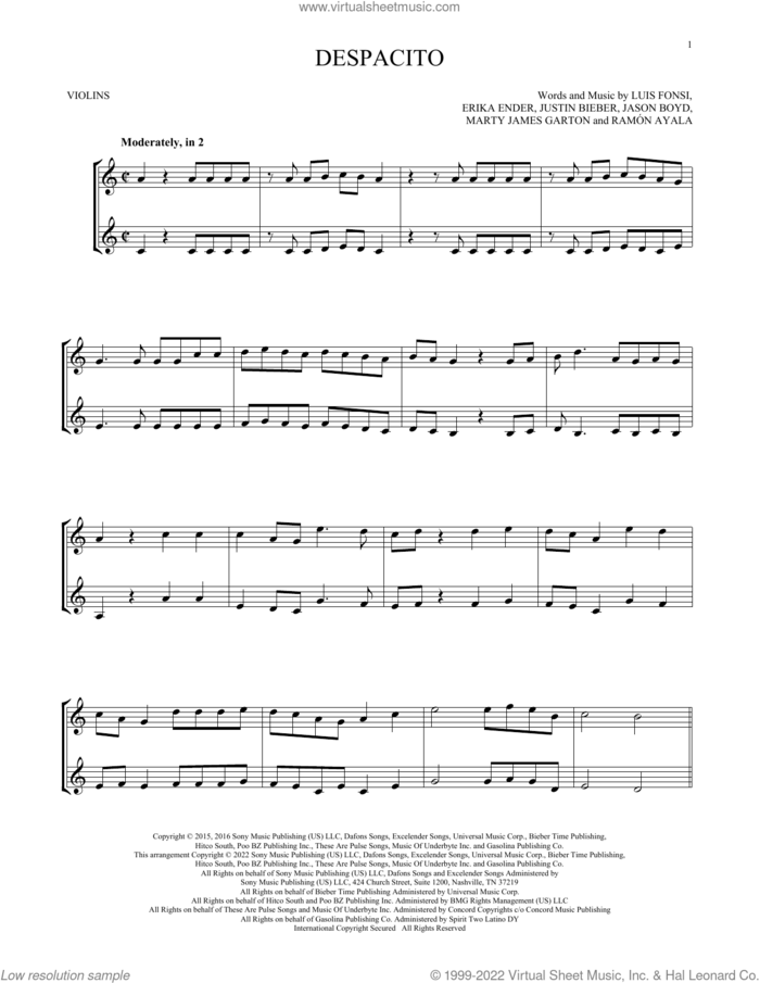 Despacito (feat. Justin Bieber) sheet music for two violins (duets, violin duets) by Luis Fonsi & Daddy Yankee, Erika Ender, Luis Fonsi and Ramon Ayala, intermediate skill level