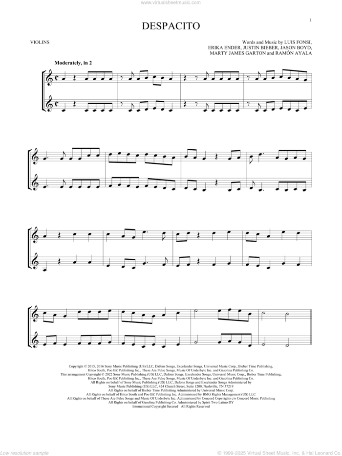 Despacito (feat. Justin Bieber) sheet music for two violins (duets, violin duets) by Luis Fonsi & Daddy Yankee, Erika Ender, Luis Fonsi and Ramon Ayala, intermediate skill level