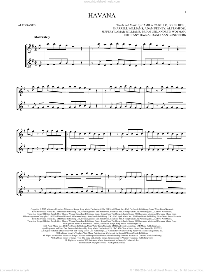 Havana (feat. Young Thug) sheet music for two alto saxophones (duets) by Camila Cabello, Adam Feeney, Ali Tamposi, Andrew Wotman, Brian Lee, Brittany Hazzard, Jeffery Lamar Williams, Kaan Gunesberk, Louis Bell and Pharrell Williams, intermediate skill level