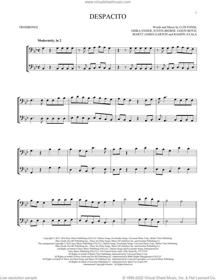 Despacito (feat. Justin Bieber) sheet music for two trombones (duet, duets) by Luis Fonsi & Daddy Yankee, Erika Ender, Luis Fonsi and Ramon Ayala, intermediate skill level