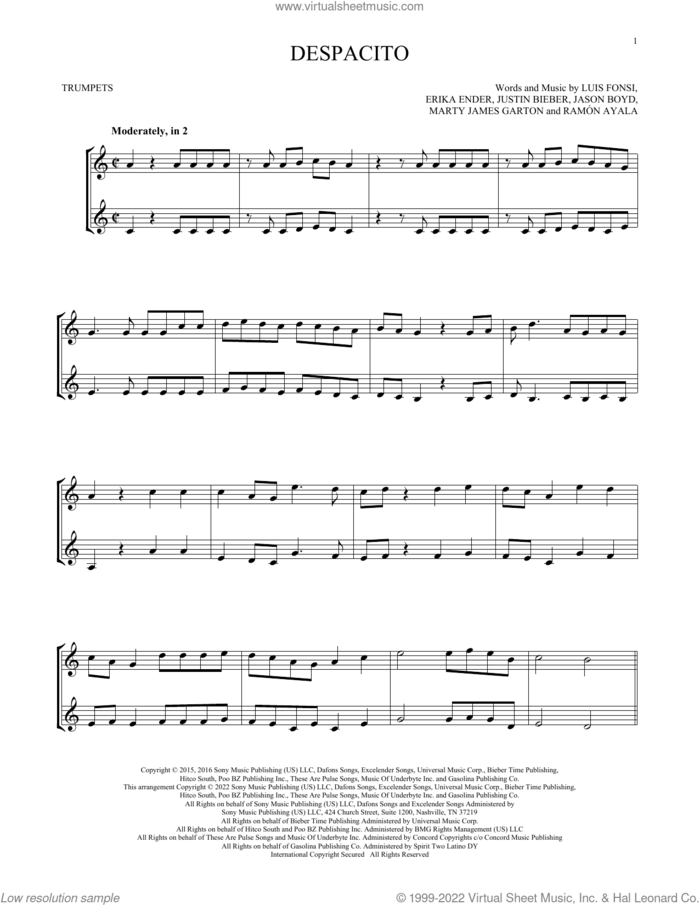 Despacito (feat. Justin Bieber) sheet music for two trumpets (duet, duets) by Luis Fonsi & Daddy Yankee, Erika Ender, Luis Fonsi and Ramon Ayala, intermediate skill level