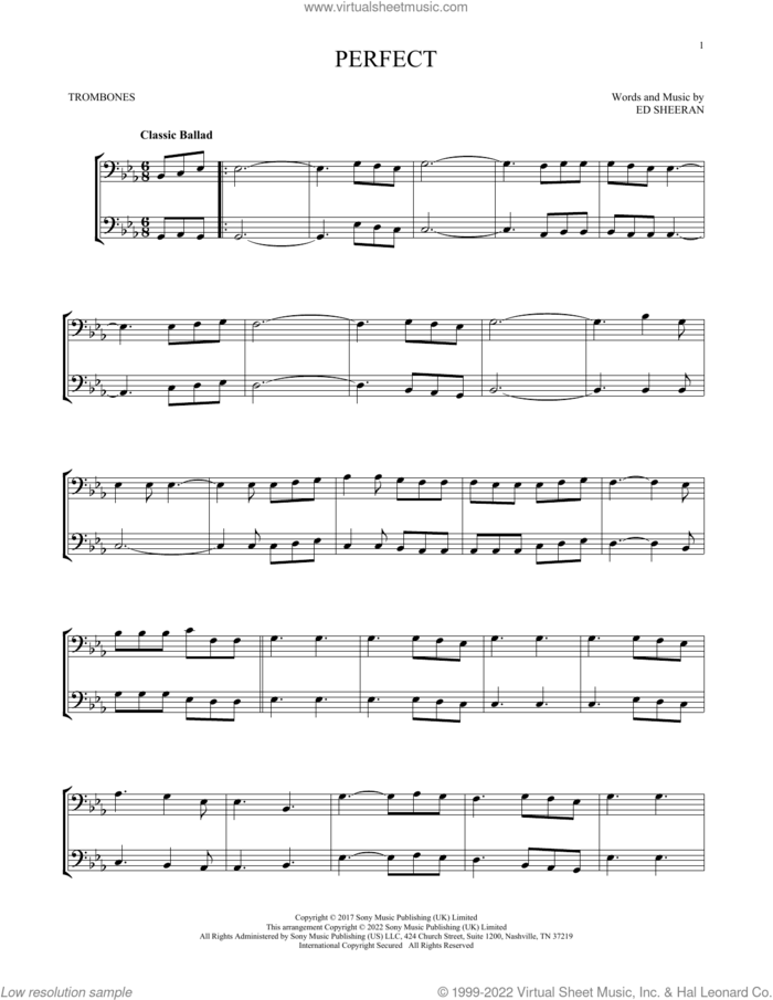 Perfect sheet music for two trombones (duet, duets) by Ed Sheeran, intermediate skill level