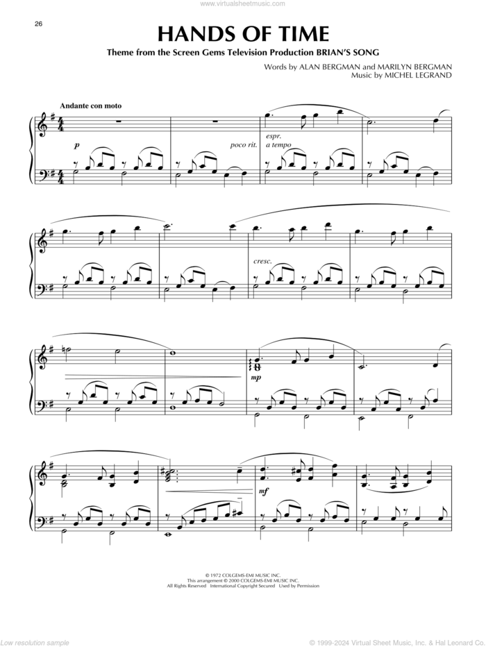 Hands Of Time (from Brian's Song) (arr. Phillip Keveren) sheet music for piano solo by Michel LeGrand, Phillip Keveren, Alan Bergman and Marilyn Bergman, intermediate skill level