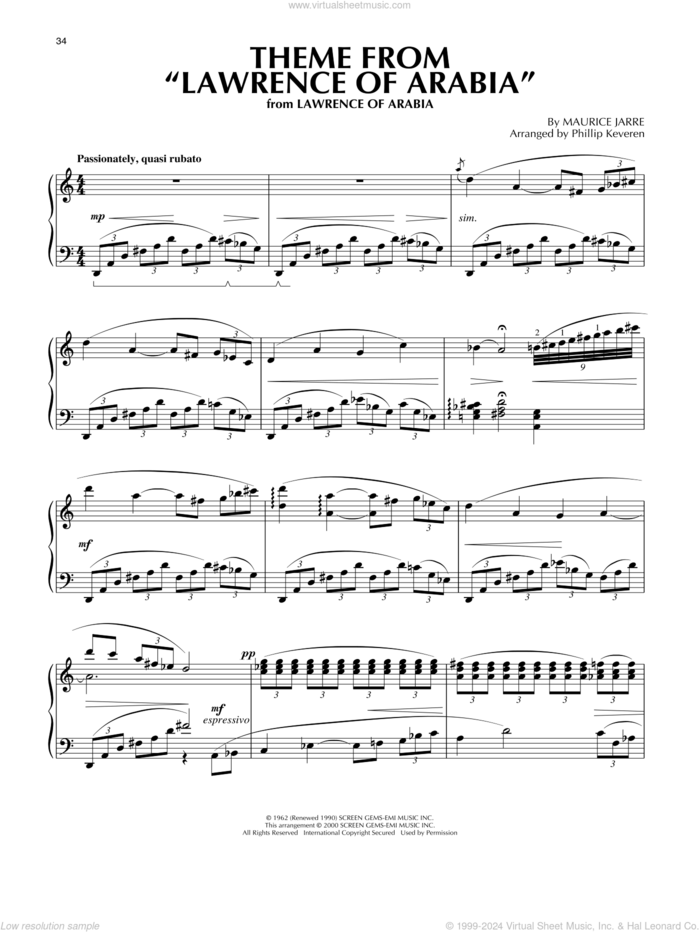 Theme From 'Lawrence Of Arabia' (arr. Phillip Keveren) sheet music for piano solo by Maurice Jarre and Phillip Keveren, intermediate skill level