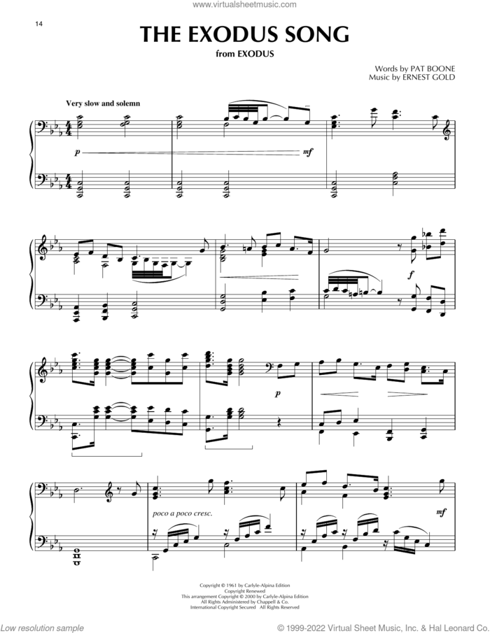 The Exodus Song (from Exodus) (arr. Phillip Keveren) sheet music for piano solo by Pat Boone, Phillip Keveren and Ernest Gold, intermediate skill level