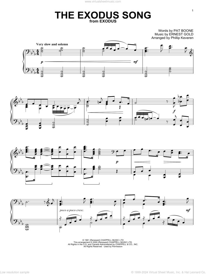 The Exodus Song (from Exodus) (arr. Phillip Keveren) sheet music for piano solo by Pat Boone, Phillip Keveren and Ernest Gold, intermediate skill level