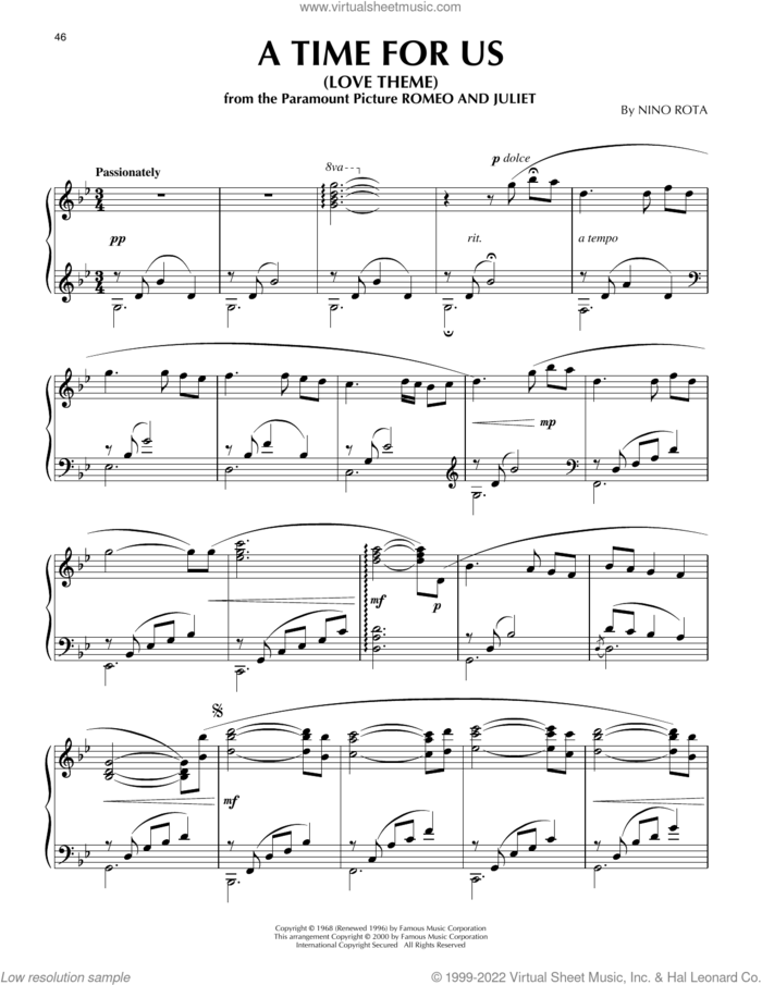 A Time For Us (Love Theme) (from Romeo And Juliet) (arr. Phillip Keveren) sheet music for piano solo by Nino Rota, Phillip Keveren, Eddie Snyder and Larry Kusik, intermediate skill level