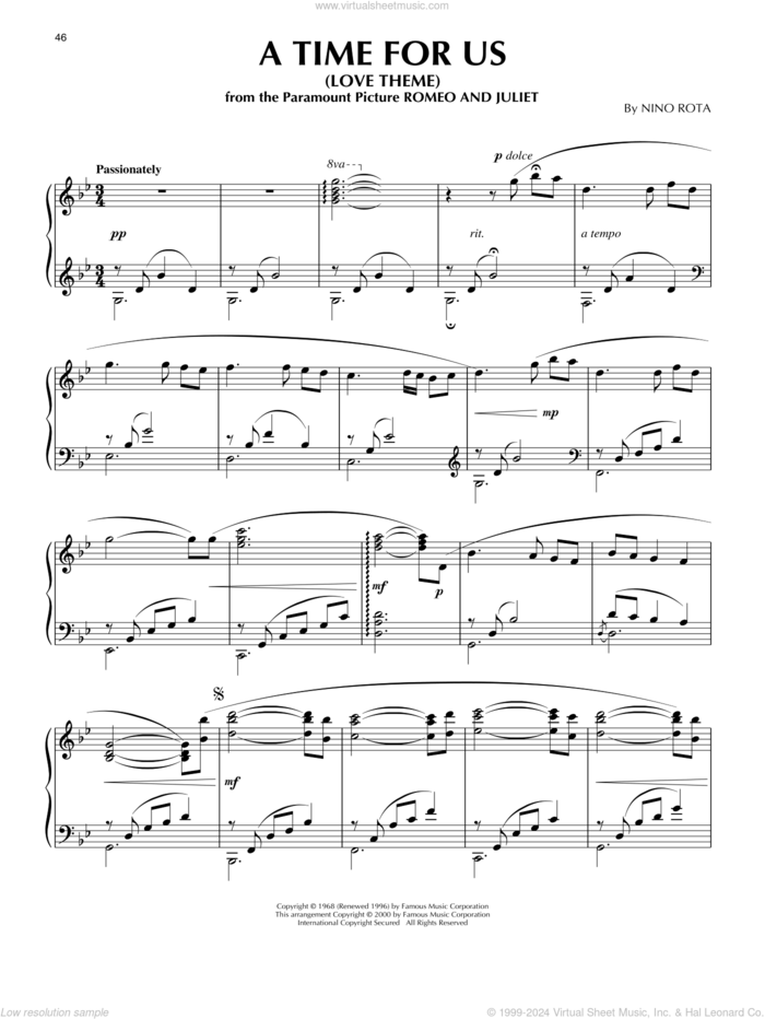 A Time For Us (Love Theme) (from Romeo And Juliet) (arr. Phillip Keveren) sheet music for piano solo by Nino Rota, Phillip Keveren, Eddie Snyder and Larry Kusik, intermediate skill level