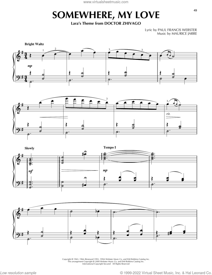Somewhere, My Love (from Doctor Zhivago) (arr. Phillip Keveren) sheet music for piano solo by Paul Francis Webster, Phillip Keveren and Maurice Jarre, intermediate skill level