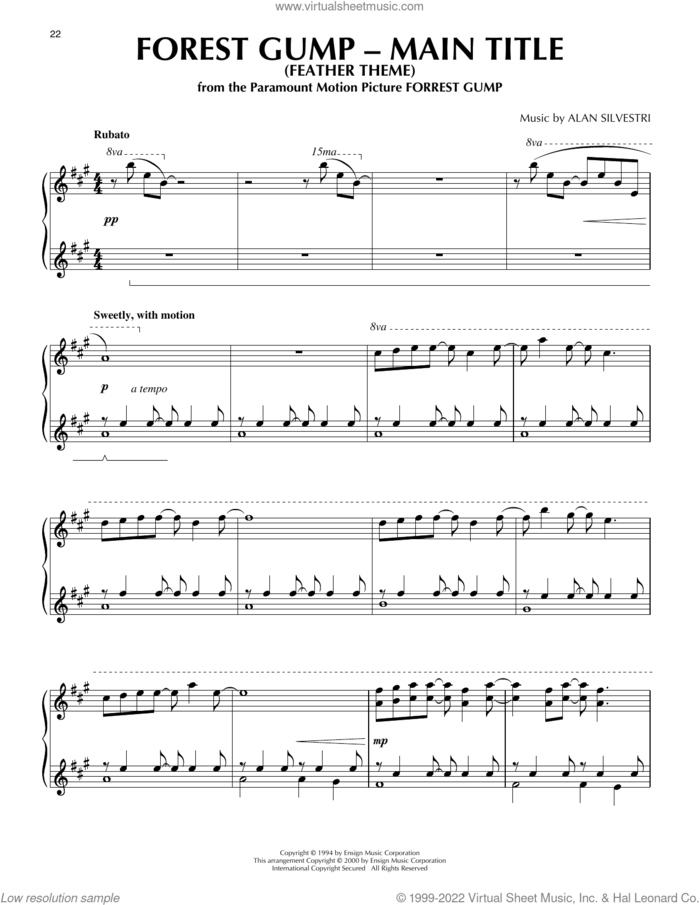 Forrest Gump - Main Title (Feather Theme) (arr. Phillip Keveren), (intermediate) (Feather Theme) sheet music for piano solo by Alan Silvestri and Phillip Keveren, intermediate skill level