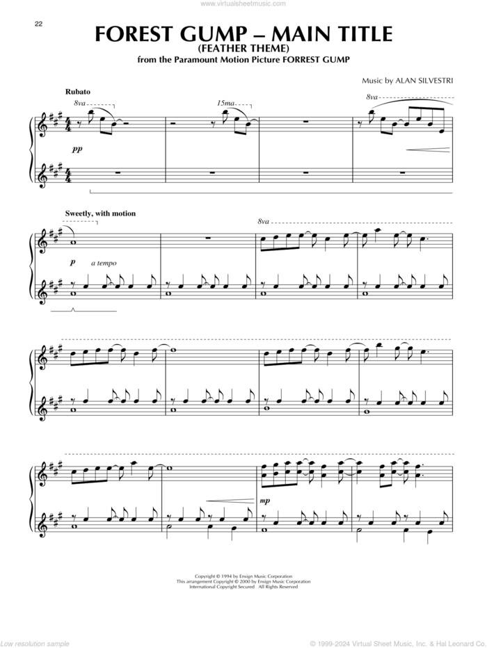 Forrest Gump - Main Title (Feather Theme) (arr. Phillip Keveren), (intermediate) (Feather Theme) sheet music for piano solo by Alan Silvestri and Phillip Keveren, intermediate skill level