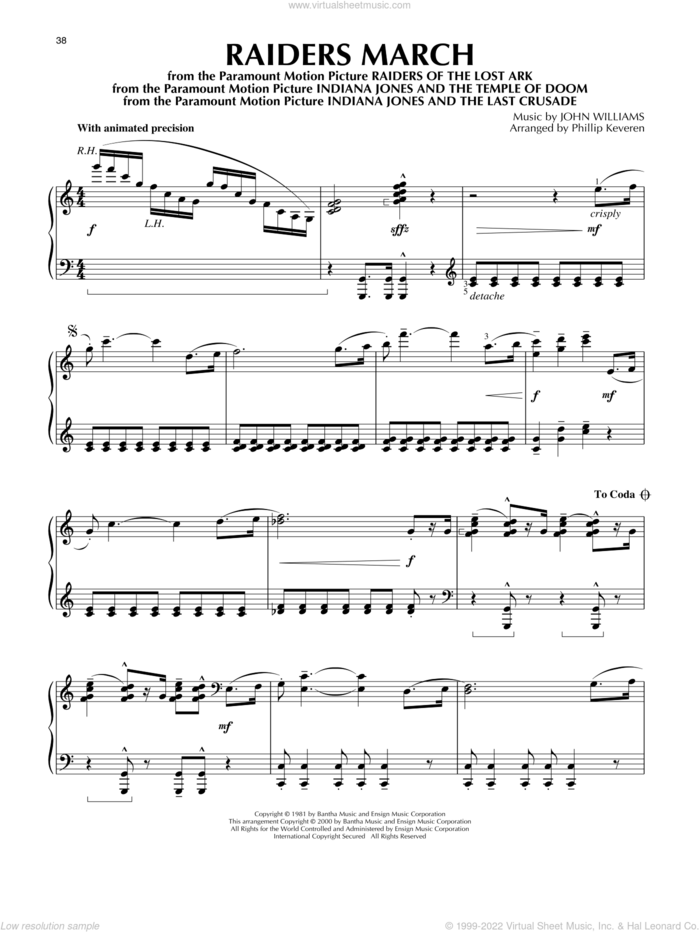 Raiders March (from Indiana Jones) (arr. Phillip Keveren) sheet music for piano solo by John Williams and Phillip Keveren, intermediate skill level