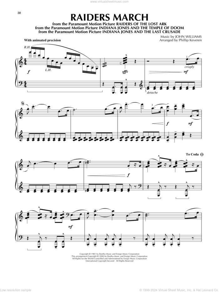 Raiders March (from Indiana Jones) (arr. Phillip Keveren) sheet music for piano solo by John Williams and Phillip Keveren, intermediate skill level