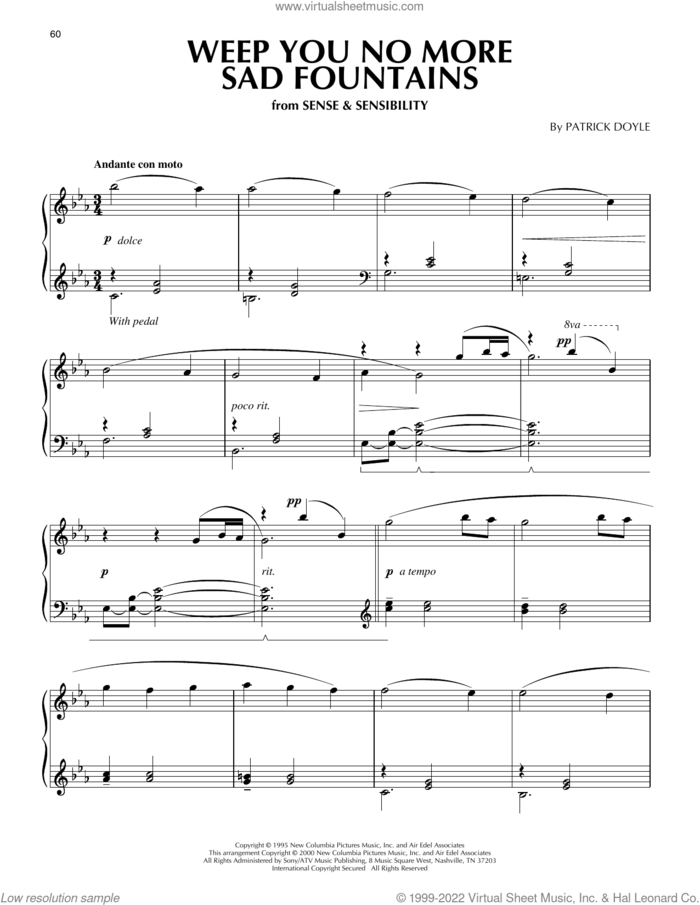 Weep You No More Sad Fountains (from Sense And Sensibility) (arr. Phillip Keveren) sheet music for piano solo by Patrick Doyle and Phillip Keveren, intermediate skill level