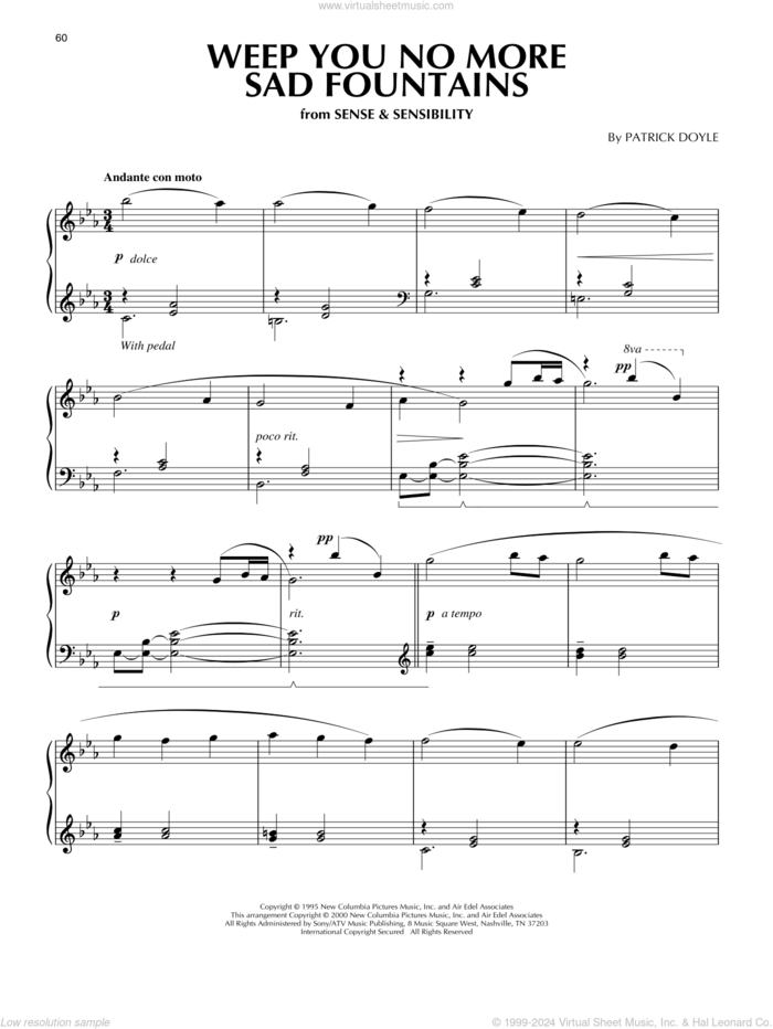 Weep You No More Sad Fountains (from Sense And Sensibility) (arr. Phillip Keveren) sheet music for piano solo by Patrick Doyle and Phillip Keveren, intermediate skill level