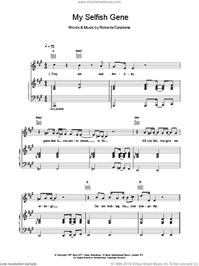 My Selfish Gene sheet music for voice, piano or guitar by Catatonia, intermediate skill level