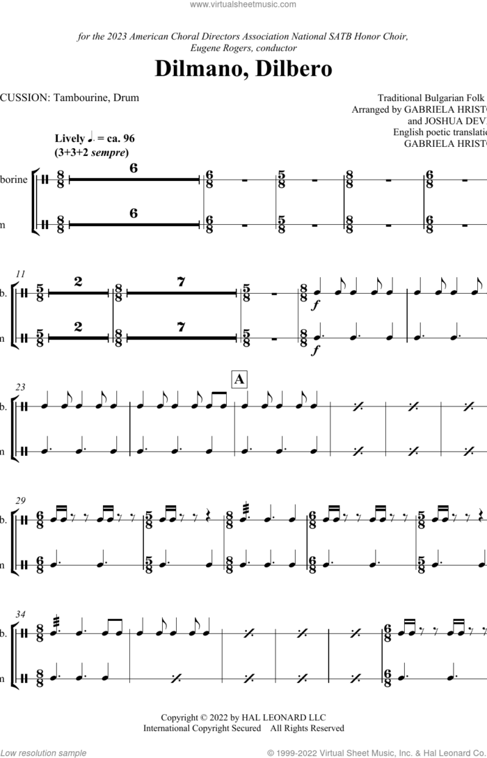 Dilmano, Dilbero (arr. Gabriela Hristova and Joshua DeVries) sheet music for orchestra/band (aux percussion) by Traditional Bulgarian Folk Song, Gabriela Hristova and Joshua DeVries, intermediate skill level